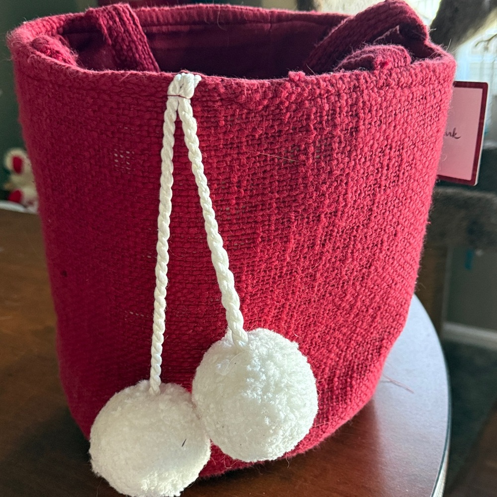 Red Knit Tote with Pom Poms and Handles NWT